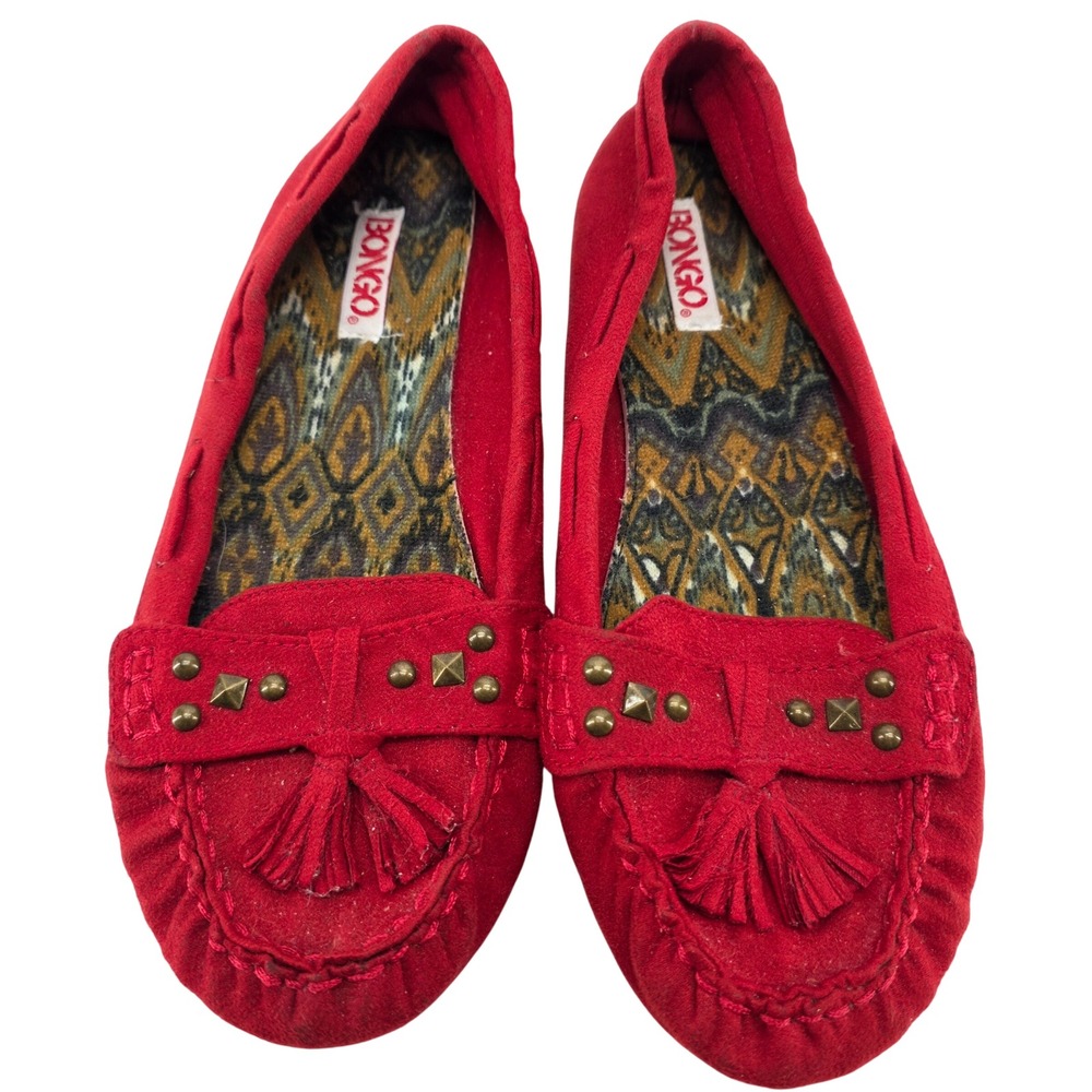 Bongo Red Moccasin Studded Tassel Loafers Flats Boho Slip On Shoes Y2K Festival